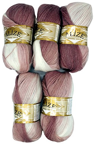 Alize 5 x 100 g Strickwolle Mehrfarbig mit Farbverlauf, 500 Gramm Strickgarn mit 20% Wolle-Anteil (Altrosa rosa weiß 5698)