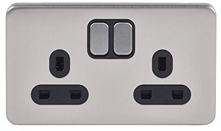 Schneider Electric - Lisse Screwless Deco, Switched Double Power Socket, 13A, Stainless Steel with Black Insert, GGBL3020BSSS
