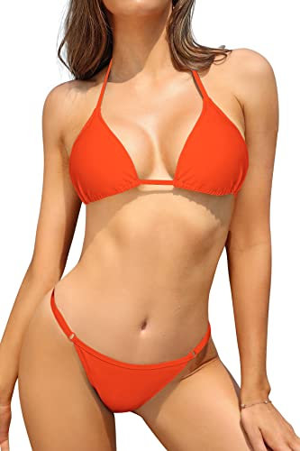 SHEKINI Maillots de Bain 2 Pièces pour Femme Bikini Rembourré Classique Réglable Halter Triangle Top de Bikini de Plage avec Taille Basse Brésilien String Bas de Bikini (Orange Fluorescent,M)