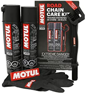 Motul C1 Chain Cleaner and C2 Motorcycle Chain Lube Kit with Brush, Gloves, and Sticker, Complete Road Motorcycle Maintenance Kit for Street Bikes and Karts