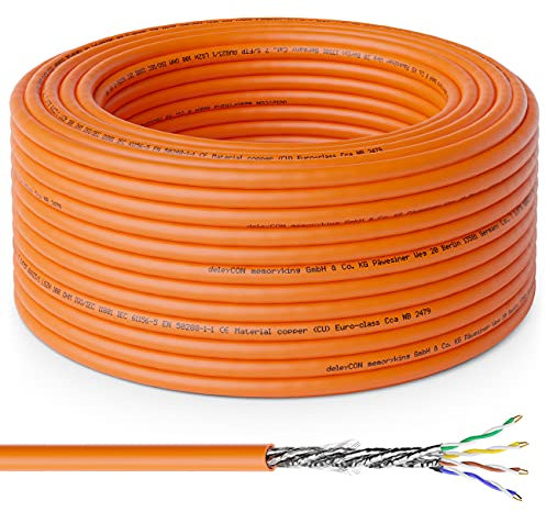 deleyCON 20m CAT.7 Cable de Red de Instalación Cobre Rígido S/FTP PIMF, LAN Ethernet Cable de Datos Gigabit CAT7 10Gbit 1000MHz LSZH Libre de Halógenos DoP - Certificado GHMT, Naranja, Servidor