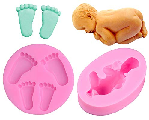 Wenxiaw Moule Silicone 3D Pieds Bébé DIY Outil de Cuisson de Moule en Silicone pour Fondant, Chocolat, Conception de Gâteau, Décoration de Gâteau, Décoration de Cuisson, 2 Styles (Rose)