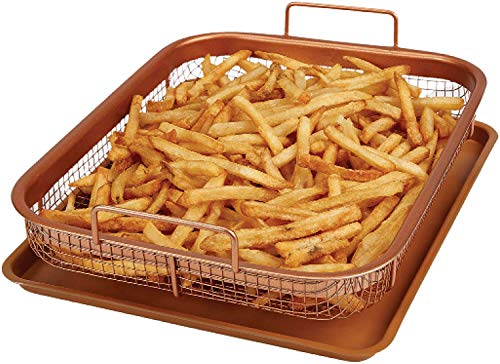 Mantraraj Copper Crisper Tray Non-Stick Oven Baking Tray with Elevated Mesh Pan Air Fryer Crisping Grill Basket 2 Piece Set Perfect for Chips, Chiken, Pizza, Fish, Bread, Onion Rings, Cookies