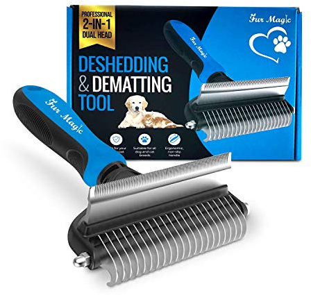 Fur Magic Deshedding and Dematting Tool – 2-in-1 Double-Sided Dog Grooming Brush for Long, Medium, Short Hair – Removes Knots, Loose Undercoat, Mats – Professional Pet Brush for Grooming Cats, Dogs