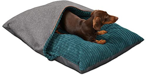 rucomfy Fibre-Filled Medium Burrower Calming Dog Bed with Comfort Blanket - Machine Washable Jumbo Cord Pet Bed with Water Resistant Base - 70 x 85 x 20cm (Teal)