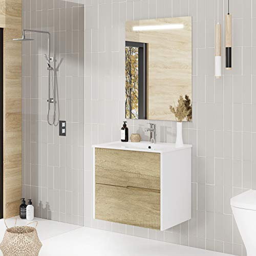 Baikal Mueble de baño Gavin, 2 cajones, suspendido en Pared. Incluye Lavabo cerámico. Varios Acabados. Se Entrega Montado. con Espejo 60 cm Nature