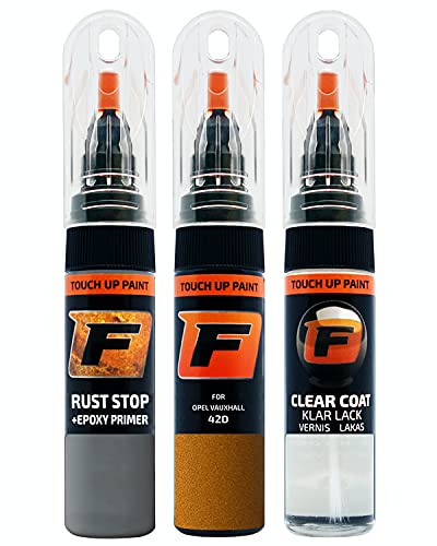 FIRANTO stylo peinture de voiture pour Opel Vauxhall 42D Burning Hot 4/amber Orange réparation couleur voiture 3 en 1, rayures stylo retouche peinture 15ml avec pinceau, apprêt, laque