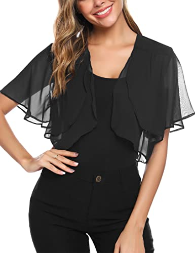 Aottori Damen Chiffon Bolero Festlich ärmellos Elegant Shrug Top Kurze Strickjacke Cardigan Open Front Casual Bolerojacke Schulterjacke Schwarz L