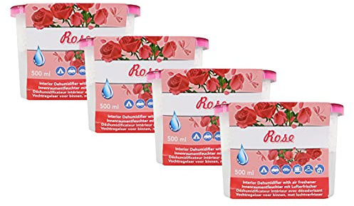 Luftentfeuchter 4 Stück Innenraumentfeuchter mit Lufterfrischer 500ml Granulat Raumentfeuchter Innen Entfeuchter Ocean Lavendel Rose Jasmin Erfrischer (Rose)
