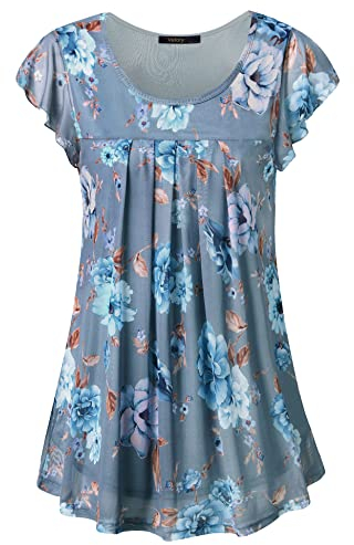Vafoly Damen Blusen mit Rüschen Kurzarm Falten Tunika Damen Casual Chiffon Oberteile Rundkragen Mesh Blusen Elegante Oberteile Elegant Damen Grau Blau L