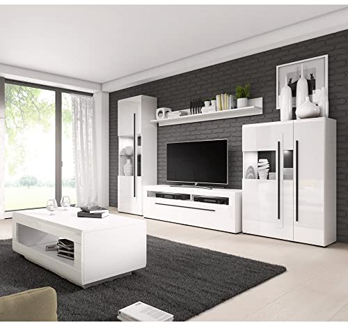 Lomadox Wohnzimmer Anbauwand weiß Hochglanz moderner Stil mit Absetzungen in schwarz inkl. LED Beleuchtung und Couchtisch, B/H/T: ca. 320/204/50 cm