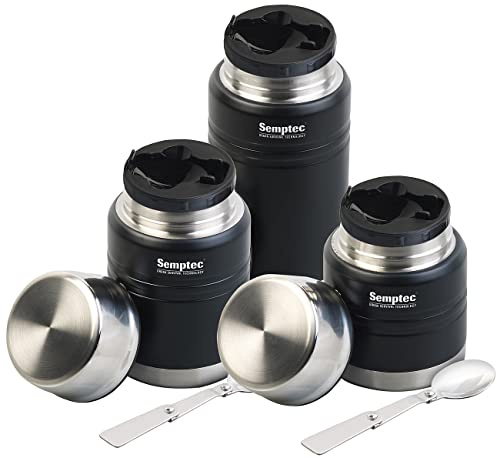 Semptec Urban Survival Technology Thermobecher mit Löffel: 3er-Set Vakuum Thermo-Behälter für Essen & Getränke, 350/500/750 ml (Kaffeebecher to-Go mit Deckel, Thermobecher für Tee, Müsli)