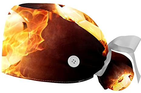 2 Packungen Arbeitskappe mit Knöpfen und Band für Frauen langes Haar, verstellbares Baumwollschweißband Pferdeschwanzhalter Raffhalter Hüte Fußball-Feuer, multi, Einheitsgröße