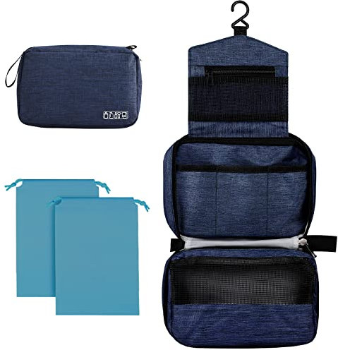 Cooja Wash Bag Hanging Toiletry Bag Men Women, Travel Washbag with Hook & Handle, 1 Toilet Bag + 2 Drawstring Bag, Dark Blue