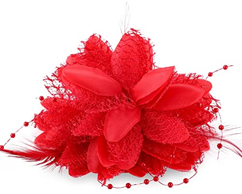 Sibba Blumenclips Hut Haarnadel Haarspange Federn Blumen Clip Rot Rosen Haarnadeln Haarschmuck Hochzeit Stirnband Cocktail Headwear Frauen Mädchen Hüte Pillbox Hut Klassisch Tea Party Weihnachten