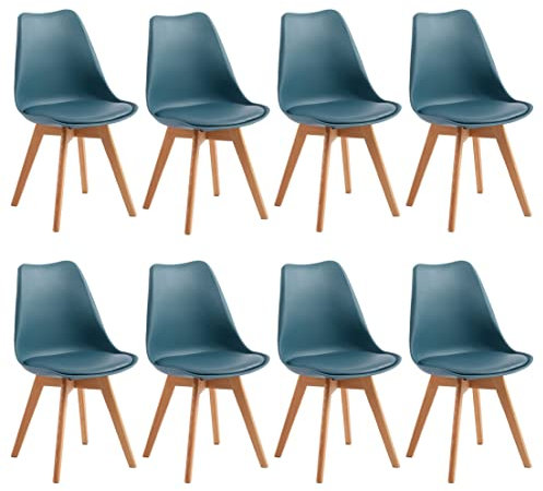 H.J WeDoo Set mit 8 skandinavischen Esszimmerstühlen, skandinavischer Stuhl mit Kissen aus Leder, dunkelblau & Massivholz, dunkelblau