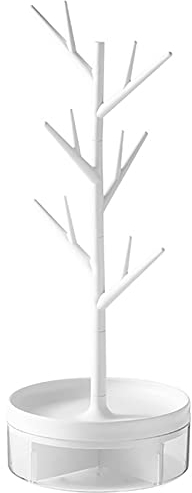 HCLRW Rotating Jewelry Tree Stand, 3 in1 Jewelry Organizer, Necklace Stand Display with Acrylic Tray for Earrings Necklaces Bracelets Watches and Rings -14.56 Inch High(White)