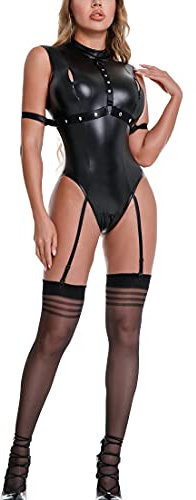 Dessous Damen Sexy Reizwäsche Wetlook Body Leder Clubwear Strampler Party Latex Catwoman Ärmellos Catsuit Jumpsuit mit Reißverschluss