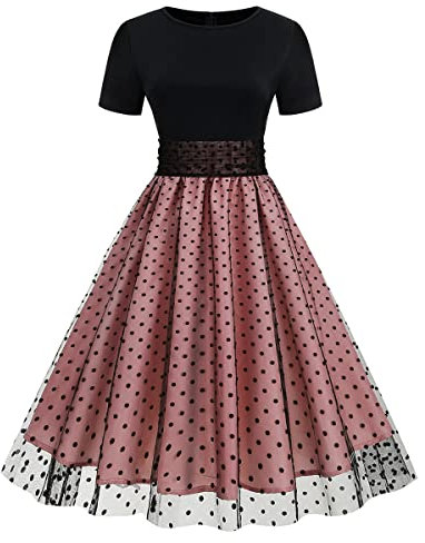 Odizli Rockabilly Robe d'été pour femme années 50 à manches courtes en maille à pois, Rose, XL