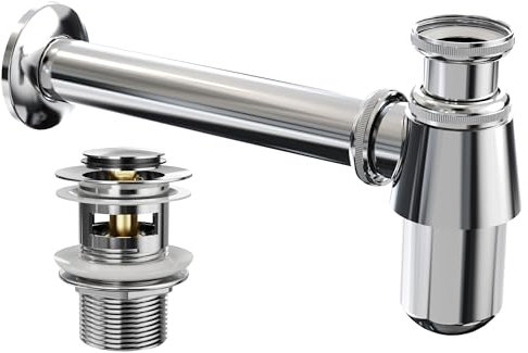 Heilmetz® Universal Siphon+Ablaufgarnitur Set, Waschbecken Ablaufgarnitur mit Überlauf Edelstahl Röhrensiphon Geruchsverschluss Abfluss für Waschbecken,Waschtisch, Standard 1 1/4 x Ø37 mm, Chrom