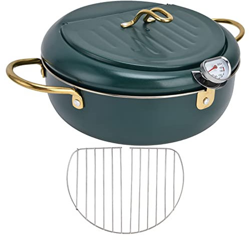 Friteuse Profonde, Poêle À Frire Tempura, Dessus de Cuisinière, Acier Inoxydable 304, Fond Plat, Avec Couvercle et Thermomètre de Contrôle de la Température(Vert foncé)