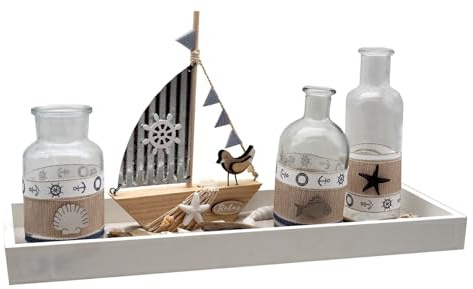 Tablett Maritim Deko Weiß Muscheln Sand Segelboot 3 Vasen Garten Terrasse 40cm