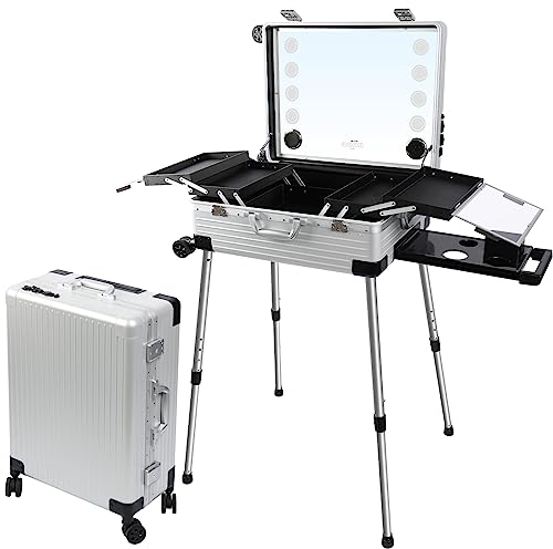 EBANKU Kosmetikkoffer Trolley Schminkkoffer, 24in PC Rolling Makeup Train Case Professionelle Künstler Kosmetik Organizer mit Spiegellichtern Nail Tech Organizer Storage, 4 Display-Tasten (Silber)