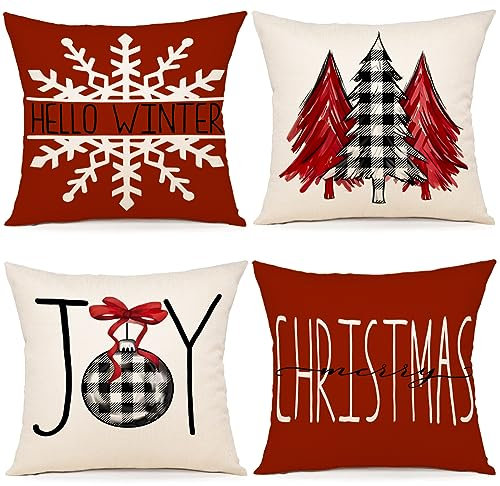 ZWJD Kissenbezug Weihnachten 40x40 4er Set Kissenbezüge Dekokissen Leinen Kissenhüllen für Deko Weihnachten Sofa Schlafzimmer Couch Kissenbezug 40x40 cm