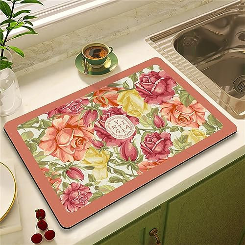 Morbuy Style Vintage Tapis Vaisselle Egouttoir Absorbant, Motif Fleurs Tapis de Cuisine Absorbant pour Evier Tapis de Séchage Cuisine Café pour Ustensiles, Comptoir Bar (fleur de rose,40x60cm)