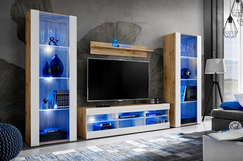 Komodee, Set di mobili porta TV Tivoli Grande RTV, Wotan Bianco, LED Blu, Larghezza 250 cm x Altezza 159 cm x Profondità 35 cm, Per soggiorno, Camera da letto