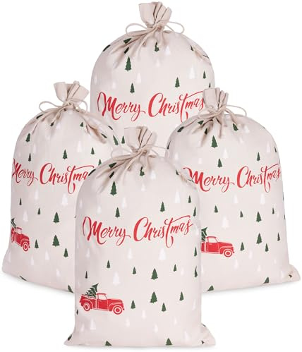 BRUBAKER Weihnachtssack Merry Christmas - Tannenbaum Wald mit Auto Rot - 80 cm Geschenksack Weihnachten - Nikolaussack Sack Baumwolle mit Kordel zum Verpacken von Geschenken - 4 Stück
