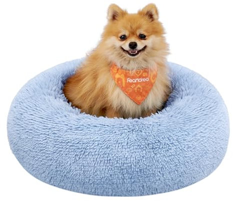 Feandrea Hundebett flauschig, Katzenbett, Donut Kissen, waschbar, Polsterung in der Mitte herausnehmbar, Langer Plüsch, 60 cm Durchmesser, blassblau PGW038Q01