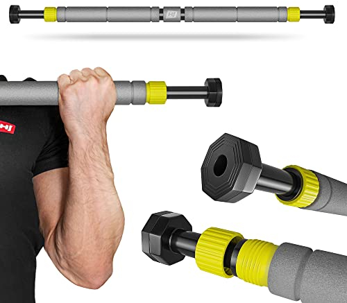 Hop-Sport verstellbare Klimmzugstange für Türrahmen – Tür Reckstange mit 8-Druckpunkte-Befestigungssystem, 3-schichtiger Polsterung und Sicherheitsspannhebel (gelb-grau)