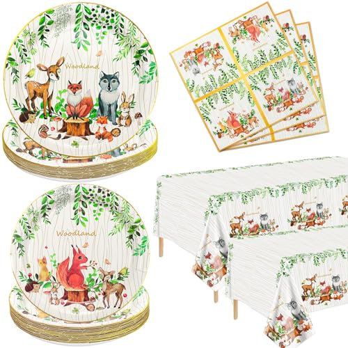 122 Woodland Party ornements - Woodland baby shower avec assiette, serviette, Animal Friends nappe renard Deer Forest Party ornements, 40 portions