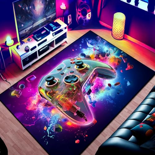Gaming-Teppich für Teenager, Jungen, 3D-Gamepad und farbenfroher Bombenhintergrund, Game-Controller-Design für Spielzimmer, Spielzimmer, Jungen-Mädchen-Schlafzimmer, Spielzimmer, Wohnzimmer (152,4 x