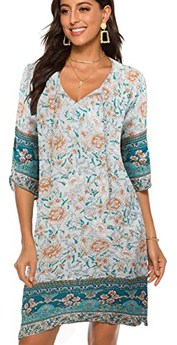 BDTECAOR Damen Bohemian Krawatte mit Blumenmuster Ethnischer Stil Casual Sommer Tunika Kleid Grün L