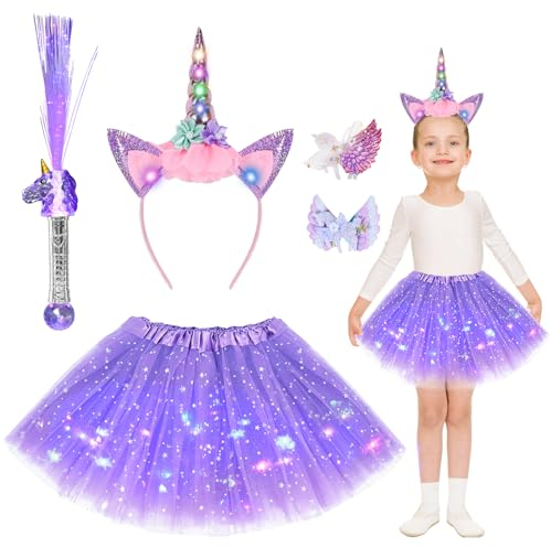 Ulikey Déguisement Licorne Fille, Robe Tutu Licorne Costume avec Lumineuse LED, Bâton en Fibre de Licorne, Serre-Tête Licorne Lumineuse, Cosplay Carnaval Fête Anniversaire Cadeaux pour Filles (Violet)