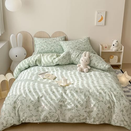 GETIYA Elegant Blumen Bettwäsche 135x200 4teilig Weiß Grün Blümchen Muster Bettbezug Damen Mädchen Pflanzenmuster Deckenbezug Baumwolle mit 2 Kissenbezug 80x80