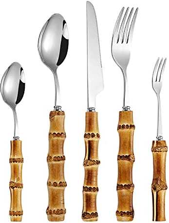 Ensemble d'argenterie de 50 pièces, ensemble de couverts en bambou de qualité supérieure, couverts en acier inoxydable, service pour 10 cuillères, fourchettes, couteaux, ensemble