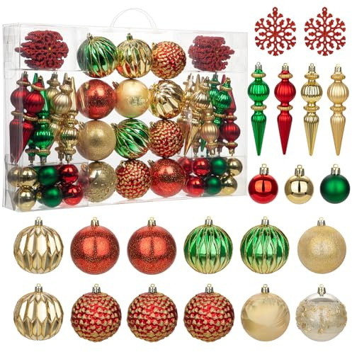 Weihnachtskugeln Set 92-teilig – Bruchsichere Christbaumkugeln Ornamente in Rot & Grün – Weihnachtsbaumkugeln Weihnachtsdeko für Tannenbaum, Kranz Weihnachtsdekoration