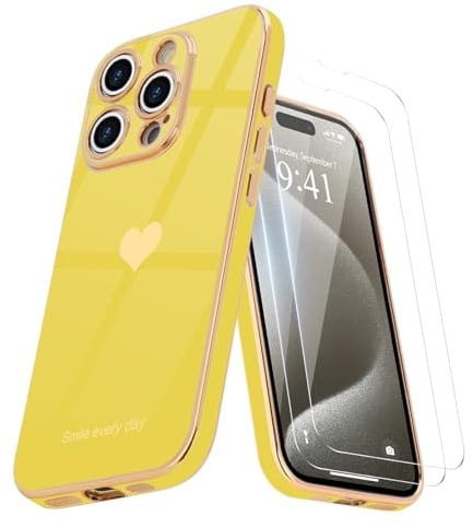 Teageo for iPhone 15 Pro Case with 2 Screen Protector Heart Pattern for Women Girls Luxury Bling Plating Soft TPU Anti-Scratch Shockproof Bumper Phone Case for iPhone 15 Pro, Yellow