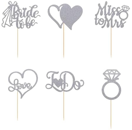 12Pcs Cupcake Toppers, Cake Toppers with Diamond Ring Bride, 3D Heart Wedding Dress Cupcake Topper for Bridal Shower Wedding Engagement Bachelorette Party Cake Decorations Supplies, Silver