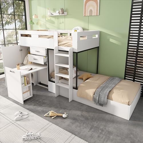 Kinderbett Etagenbett 90x200, Hochbett mit Ausziehbarer Schreibtisch, Kleiderschrank, Schubladen, Regalen & Leiter, Bettgestell mit Rausfallschutz & Lattenrost, Stockbett Holzbett Funktionsbett, Weiß