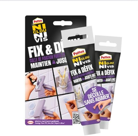 Pattex | Colle Ni Clou Ni Vis Fix & Défix (2 tubes de 44 g) – Colle de fixation forte et démontable avec maintien jusqu'à 6 kg – Se décolle sans abîmer et résiste à l'eau