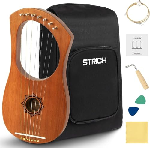 STRICH Lyre Harpe 7 cordes métalliques, corps en acajou, selle en os, kit complet d'accessoires avec sac de transport, clé d'accordage, cordes de rechange pour débutant