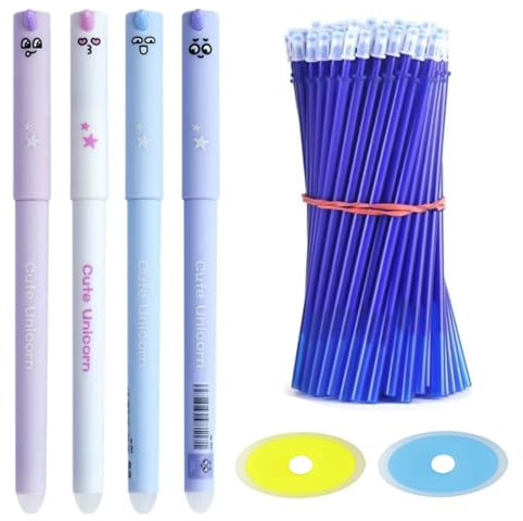 NHQZ NHQ Radierbarer Kugelschreiber,Radierbare Stifte,Gelstifte Radierbar,Cartoon Einhorn Stift Radierbar,4 Erasable Pen mit 50 Nachfüllungen en 2 Radiergummi für Präzises Schreiben und Korrigieren