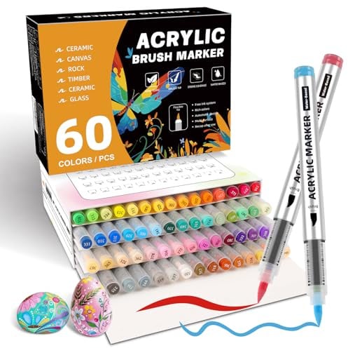 ABEIER 60 Farben Acrylstifte Set für Steine Wasserfest Brush Tip Acrylic Pens Set, Acrylmarker Schnelltrocknend und Ungiftig, Acrylstifte zum Bemalen für Stoff, Leinwand, Glas, Holz und Papier