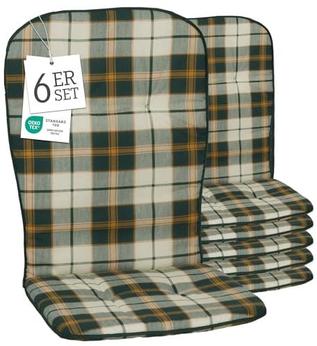 Beo Hochlehner Auflagen 6er Set Waschbar Kos | Made in EU nach Öko-Tex Standard | Atmungsaktive Gartenstuhlauflagen Hochlehner | UV-beständige Auflagen Hochlehner Kariert Beige Grün
