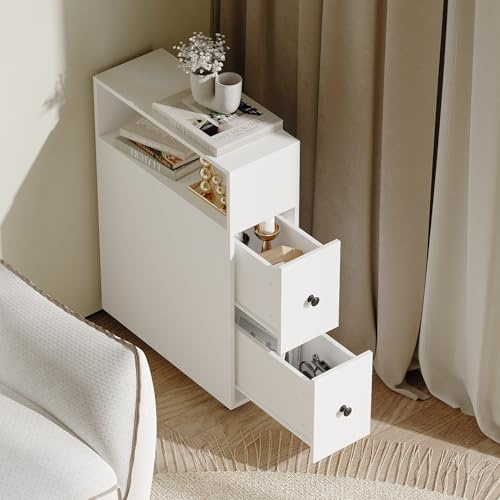 Schmaler Ablageschrank，1 Fach 2 Schubladen Nischenregal Küchenregal Schrank Schieberegal schmaler Rollwagen, Nischenwagen Küche, Nischenregal auf Rollen, Badrollwagen Badregal Weiß, 72 x 48.6 x 4.8 cm