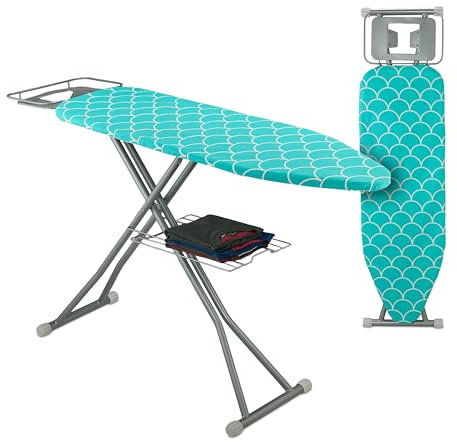 Relaxdays Tabla de Planchar para Plancha de Vapor, 122x39,5 cm, Regulable en Altura, Plegable, Estante, Turquesa/Plata